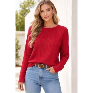 Lands' End Women's Cable Knit Crewneck Sweater Red 100% Cotton XL 18